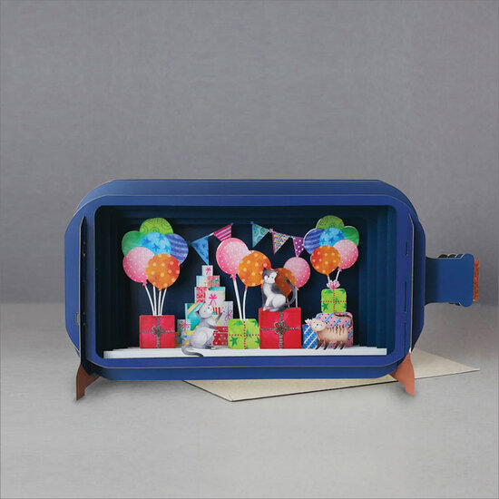 3D pop up wenskaart - message in a bottle - katten met ballonnen en cadeautjes