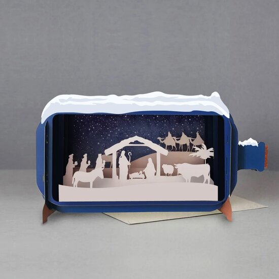 3D pop up christelijke kerstkaart - message in a bottle - kerststal