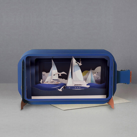 3D pop up wenskaart - message in a bottle - zeilboten