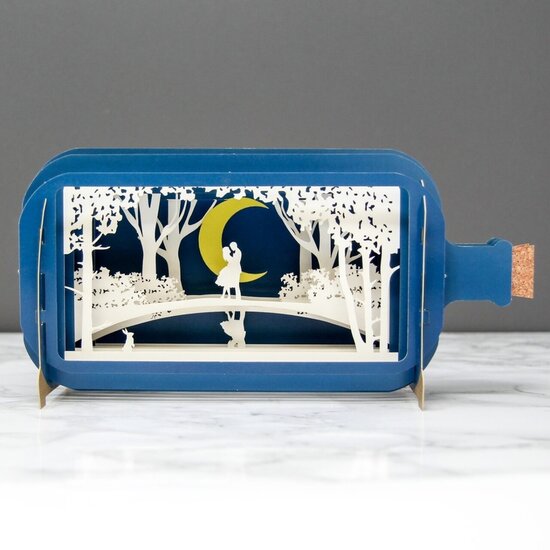 3D pop up wenskaart - message in a bottle - stelletje in maanlicht