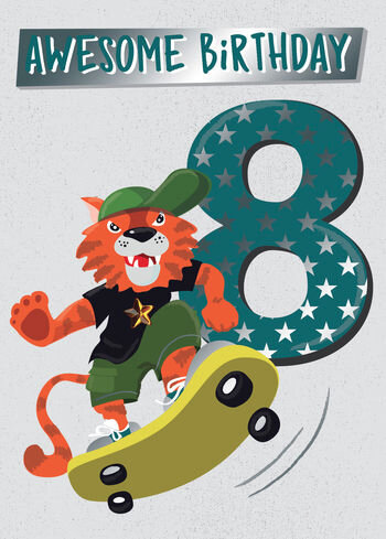 8 jaar - verjaardagskaart - awesome birthday - skateboard