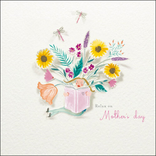 moederdagkaart woodmansterne - relax on mother&#039;s day - bloemen en boek