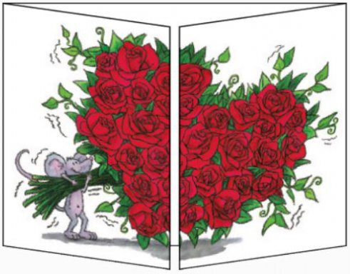 uitklapbare wenskaart cache-cache - muis met boeket rozen