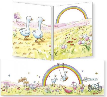 uitklapbare wenskaart cache-cache - best friends forever - ganzen bij regenboog