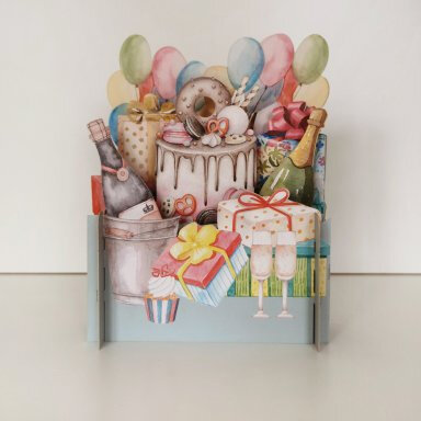 3d pop-up kaart miniature greetings - taart en champagne