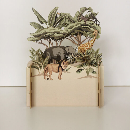 3d pop-up kaart miniature greetings - olifant leeuw giraf