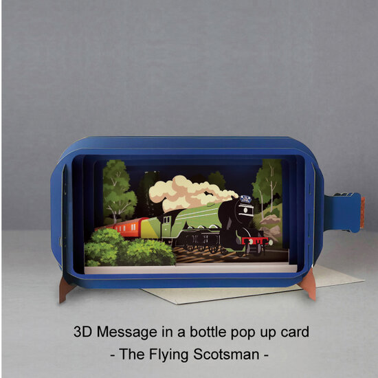 3D pop up wenskaart - message in a bottle - the flying scotsman - trein locomotief