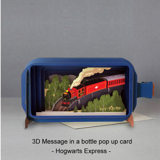 3D pop up wenskaart - message in a bottle - hogwarts express - trein locomotief