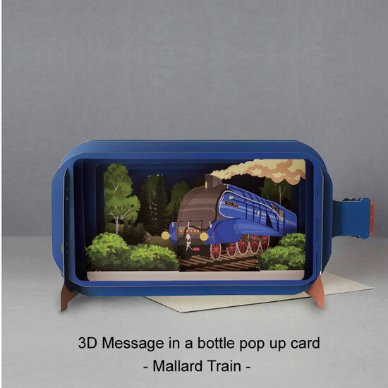 3D pop up wenskaart - message in a bottle - mallard train - trein locomotief