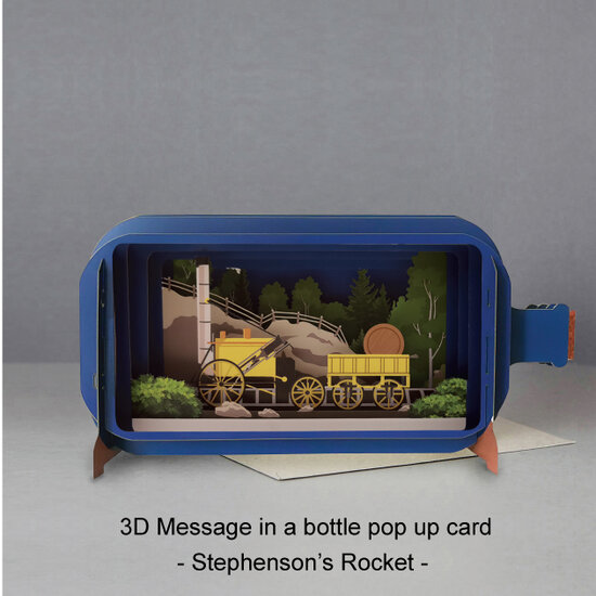 3D pop up wenskaart - message in a bottle - stephenson&#039;s rocket - trein locomotief