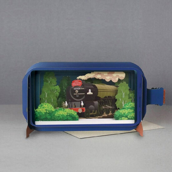 3D pop up wenskaart - message in a bottle - tornado train - trein locomotief