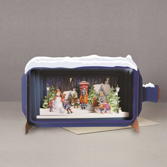3D pop up kerstkaart - message in a bottle - kinderen in de sneeuw