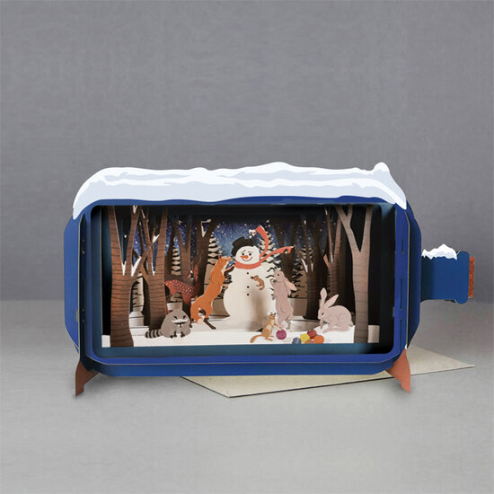 3D pop up kerstkaart - message in a bottle - sneeuwpop en dieren