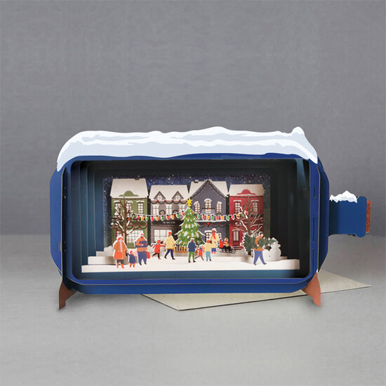 3D pop up kerstkaart - message in a bottle - mensen bij kerstboom
