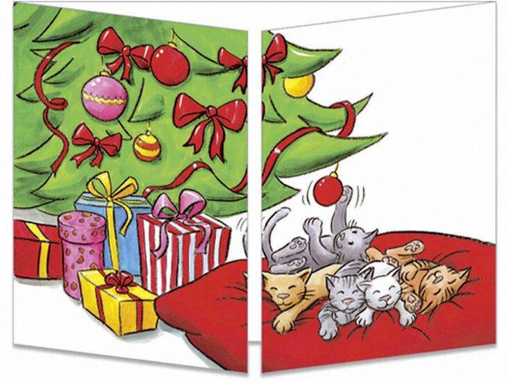 uitklapbare kerstkaart cache-cache - kittens bij kerstboom