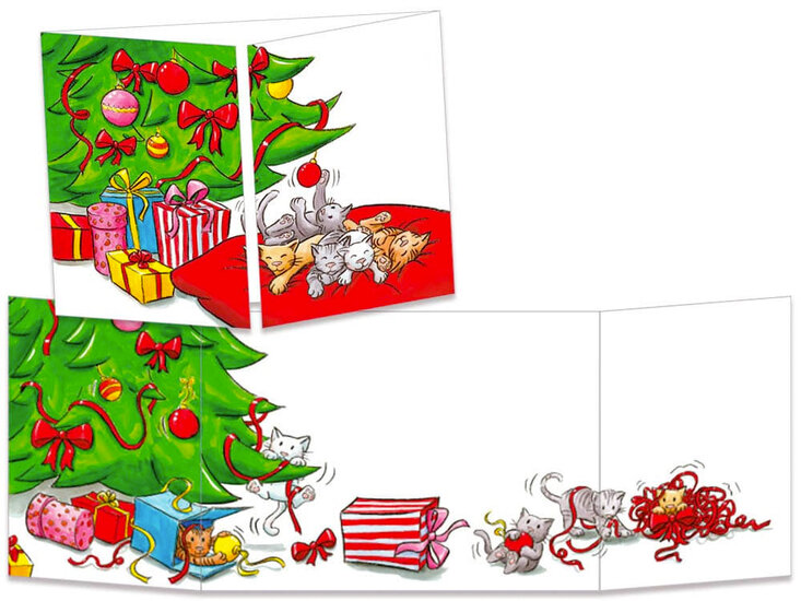 uitklapbare kerstkaart cache-cache - kittens bij kerstboom