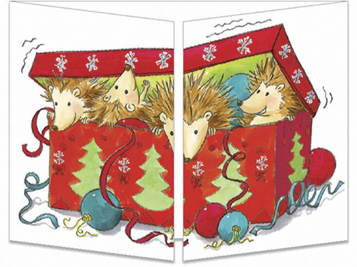 uitklapbare kerstkaart cache-cache - egels bij kerstboom