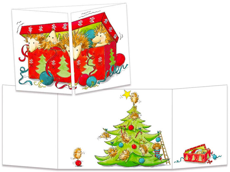uitklapbare kerstkaart cache-cache - egels bij kerstboom