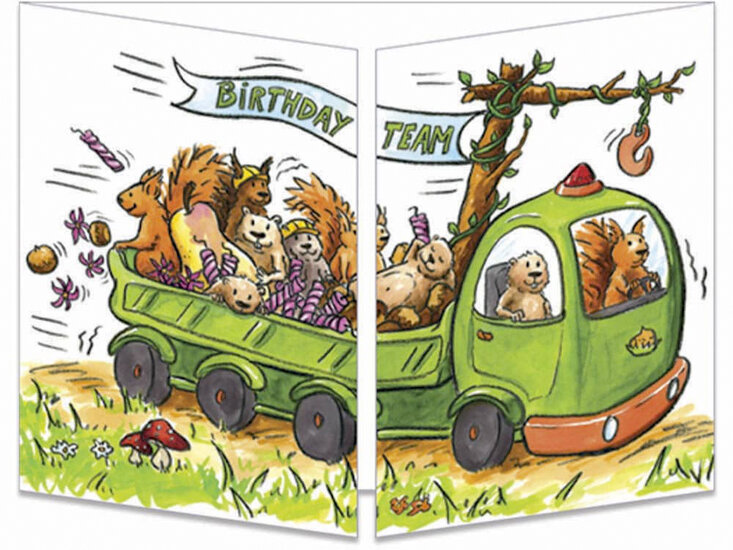 uitklapbare verjaardagskaart cache-cache - birthday team - eekhoorns en bevers