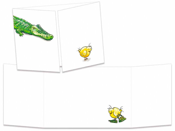 uitklapbare verjaardagskaart cache-cache - kuikentje en krokodil