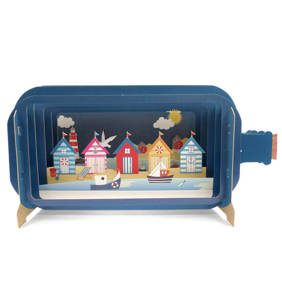 3D pop up wenskaart - message in a bottle - strandhuisjes aan zee