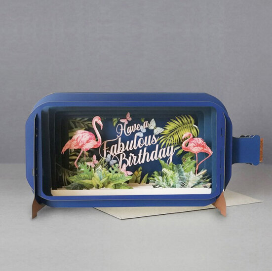 3D pop up wenskaart - message in a bottle - fabulous birthday - flamingo