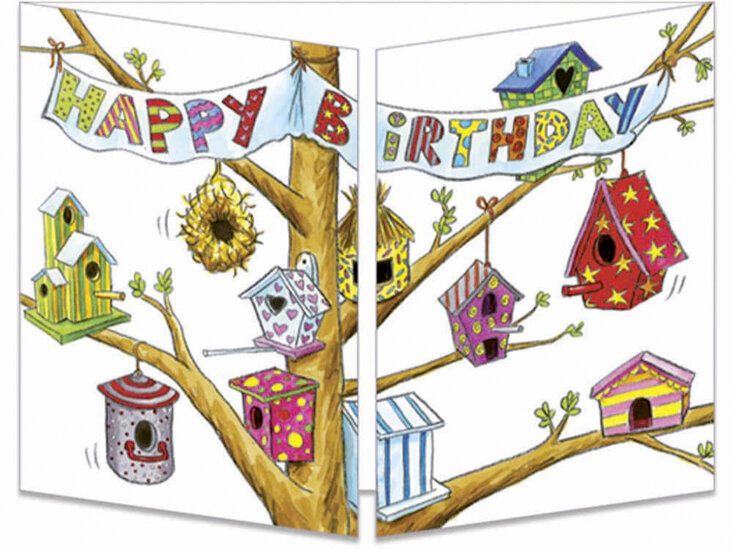 uitklapbare wenskaart cache-cache - happy birthday - vogelhuisjes