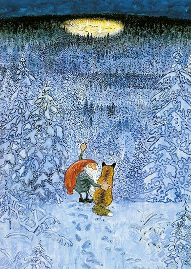 ansichtkaart - besneeuwd bos met kabouter en kat