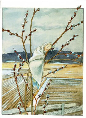 ansichtkaart Elsa Beskow - slapend kindje en weiland