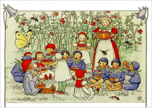 ansichtkaart Elsa Beskow - kinderen, fruit en vlinder