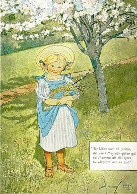 ansichtkaart Elsa Beskow - meisje met bloemen