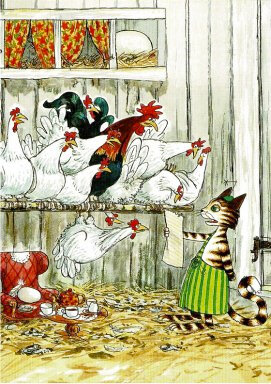 ansichtkaart Pettson en Findus - kat bij kippen