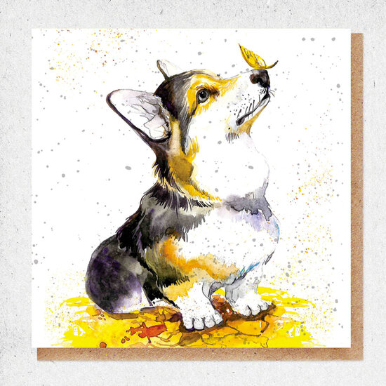 wenskaart fine art - hond met vlinder - corgi