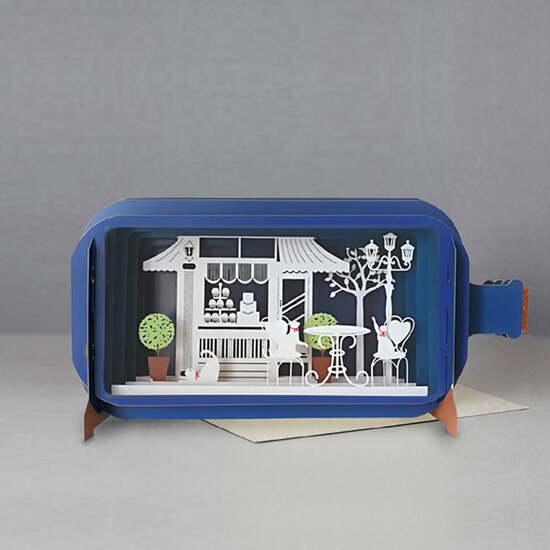 3D pop up wenskaart - message in a bottle - terras met katten