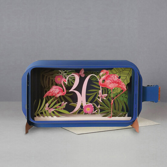30 jaar - 3D pop up wenskaart - message in a bottle - flamingo&#039;s