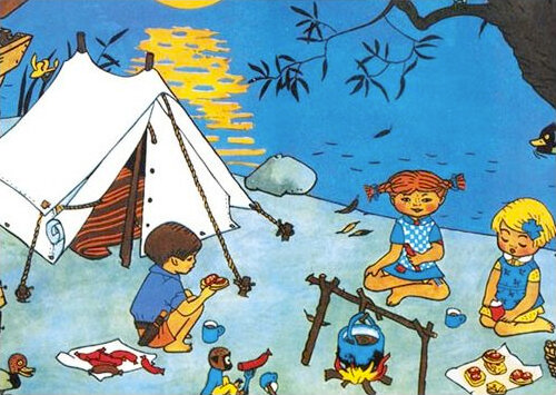grote ansichtkaart a4 - pippi langkous - kamperen