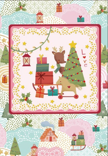 6 luxe kinderkerstkaarten busquets - kerstboom, hertje en cadeautjes