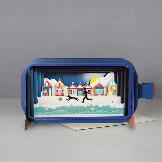 3D pop up wenskaart - message in a bottle - strandhuisjes en hond
