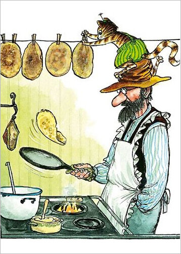 A4 ansichtkaart - Pettson en Findus - pannenkoeken bakken