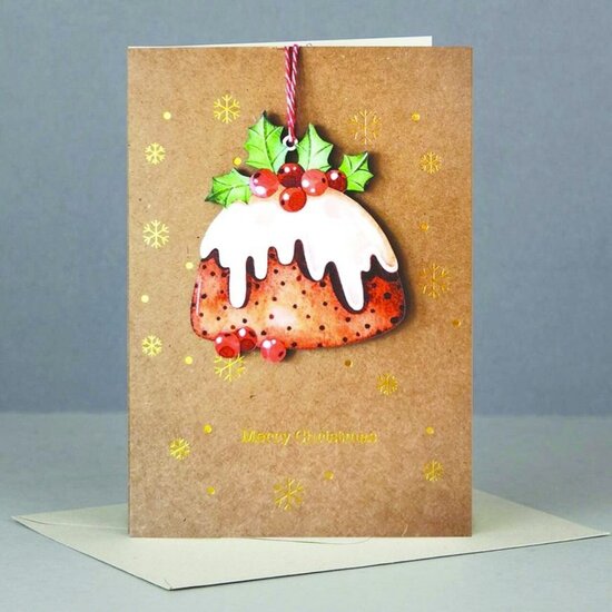 luxe kerstkaart met houten kerstboom hanger - merry christmas - kerstpudding