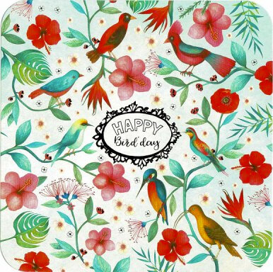 vierkante ansichtkaart met envelop - happy bird&#039;day - vogels en bloemen