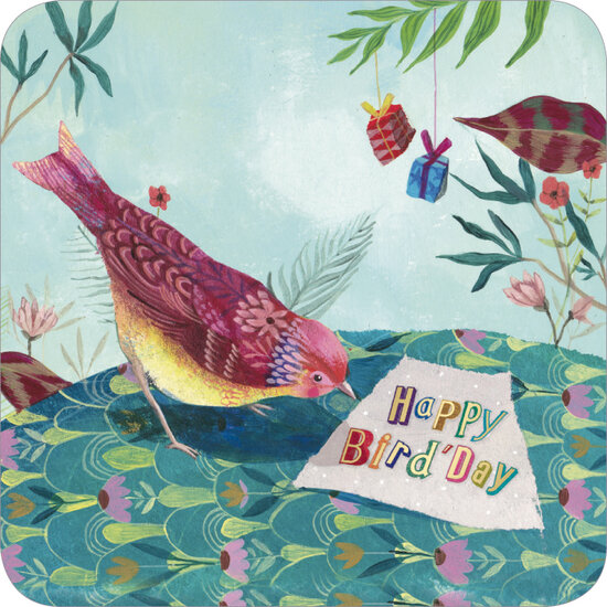 vierkante ansichtkaart met envelop - happy bird&#039;day - vogel