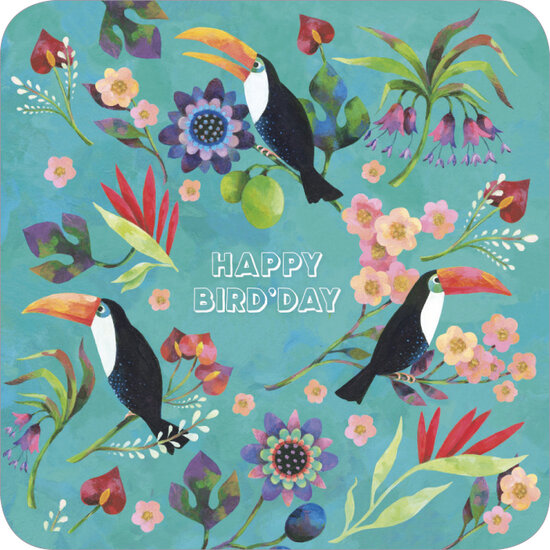vierkante ansichtkaart met envelop - happy bird&#039;day - toekan
