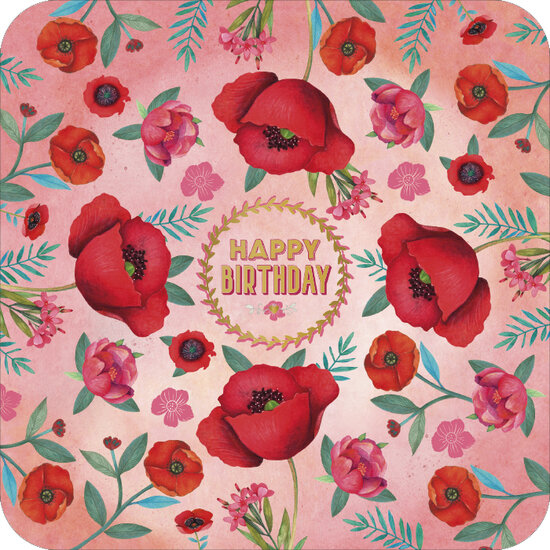 vierkante ansichtkaart met envelop - happy birthday - bloemen