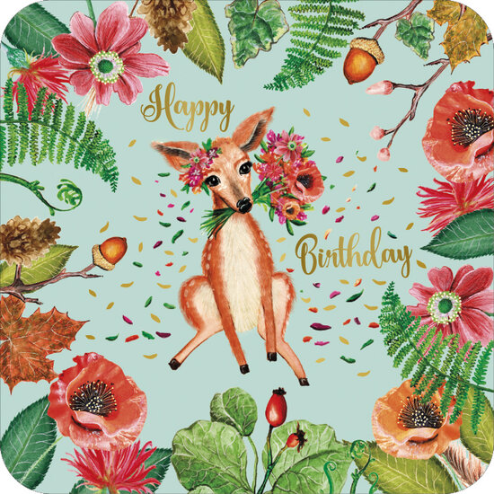vierkante ansichtkaart met envelop - happy birthday - hertje
