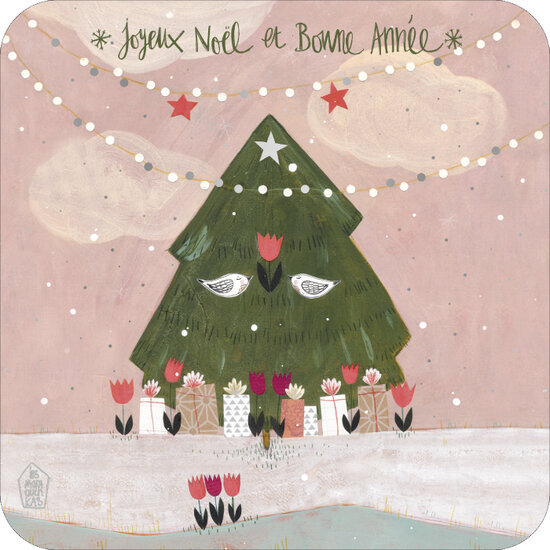 vierkante kerstansichtkaart met envelop - Les Mamouchkas - joyeux no&euml;l bonne ann&eacute;e