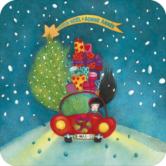 vierkante kerstansichtkaart met envelop - Mila - joyeux no&euml;l bonne ann&eacute;e - auto