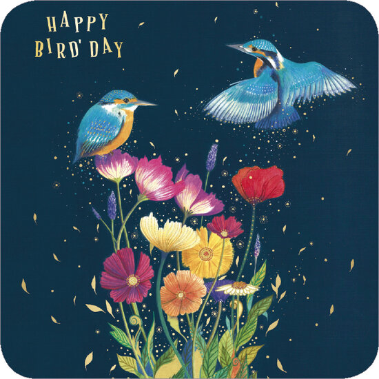 vierkante ansichtkaart met envelop - happy bird&#039;day - vogels