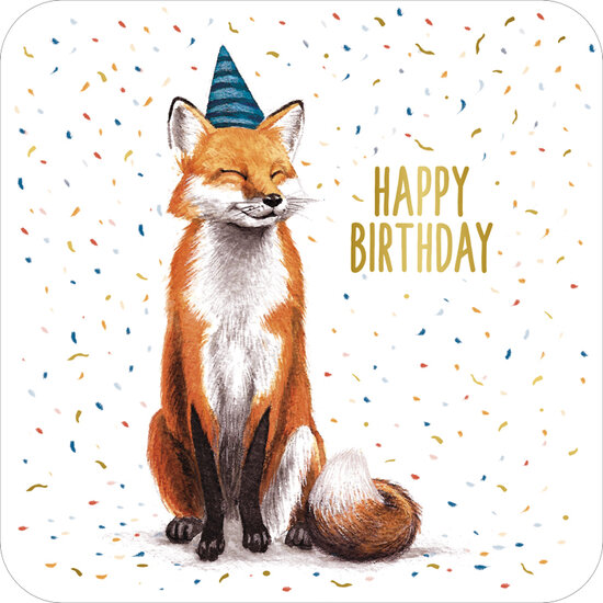 vierkante ansichtkaart met envelop - happy birthday - vos - rosie hilyer