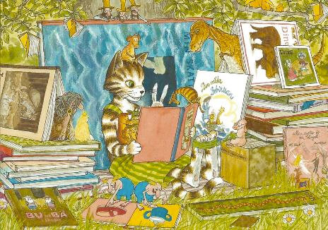 ansichtkaart Pettson en Findus - kat leest boek voor